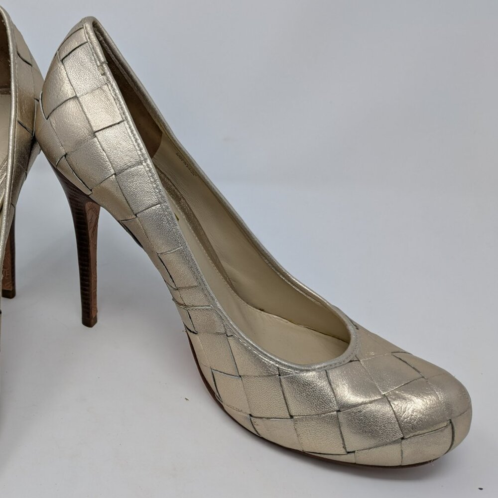 L.A.M.B. Gold Leather Woven Heels, Size 10